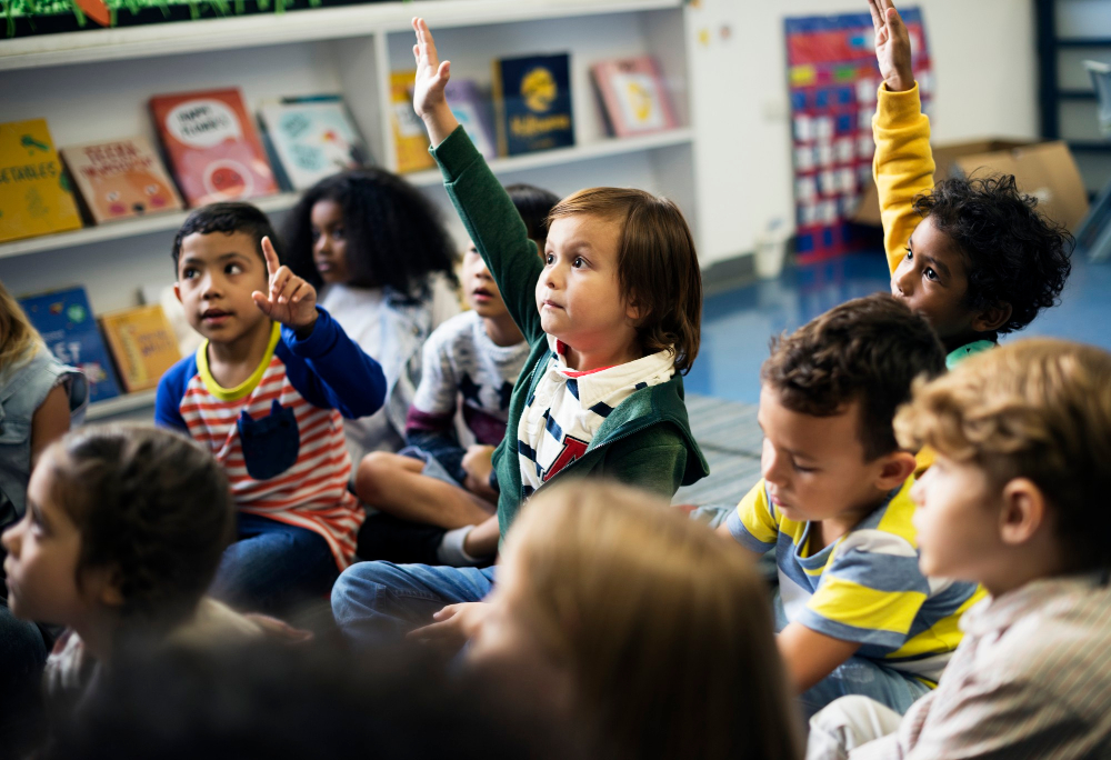 Boy raising his hand in class