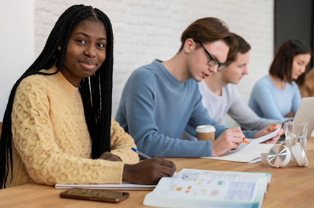 Young adults learning together in class